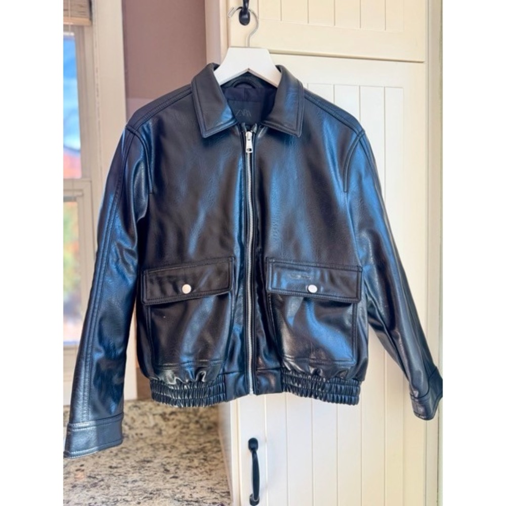 Zara Kids Faux Leather Bomber Jacket Front Flap Pockets Black Size 11-12 Years